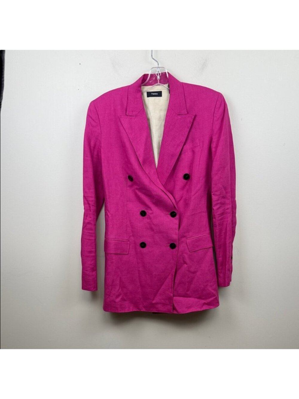 Theory Hot Pink Linen Suit Set Double Breasted Blazer & Trousers 6 - Picture 5 of 15